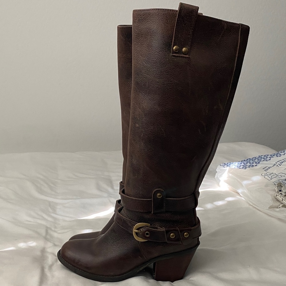 Miz Mooz Francis Tall Leather Riding Harness Boots Size 8.5 in Whisky Brown
